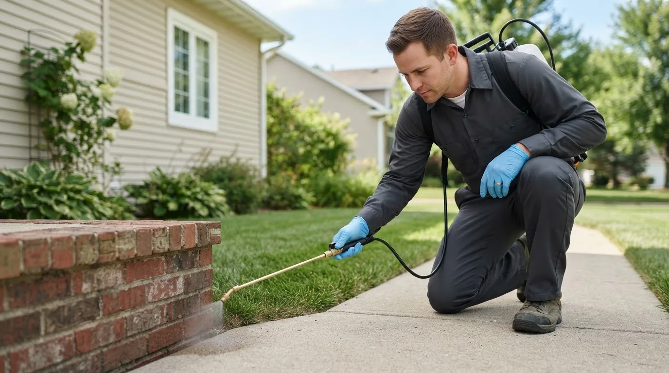 Pest control technician treating a home near Tridell, UT